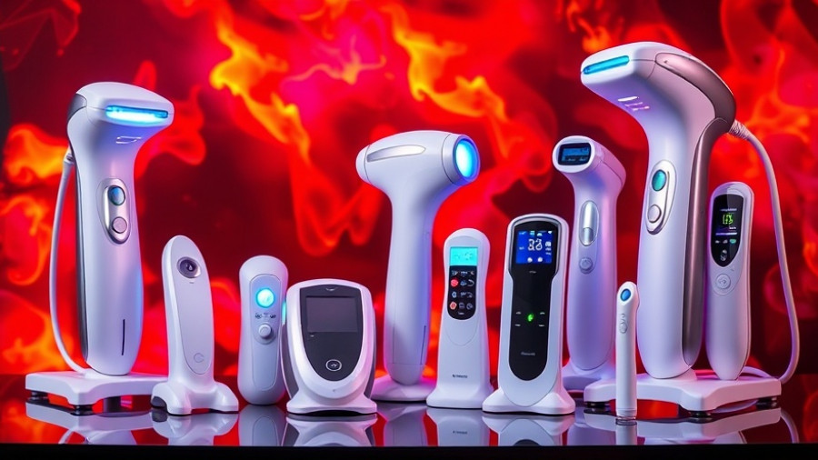 Vibrant array of at-home laser hair removal devices against fiery background.