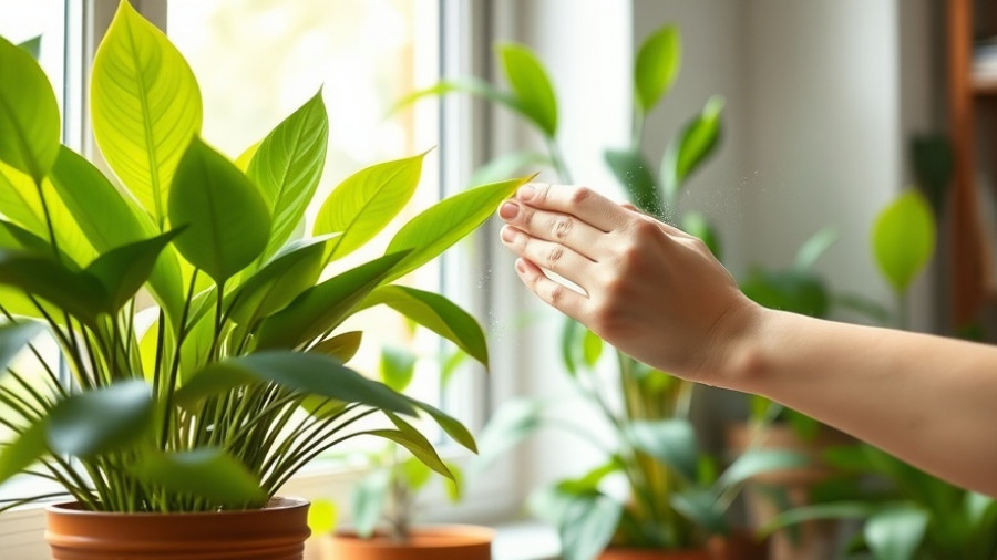 Person misting aesthetic plants for home style by a window.