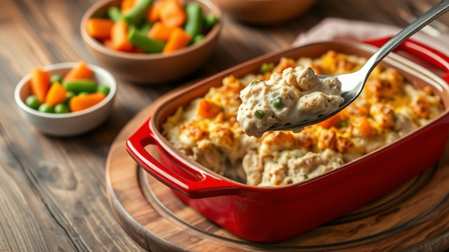 Turkey baby food recipe in a red baking dish with veggies.