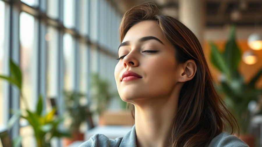 Young woman relaxing in modern office, micro-breaks improve productivity.