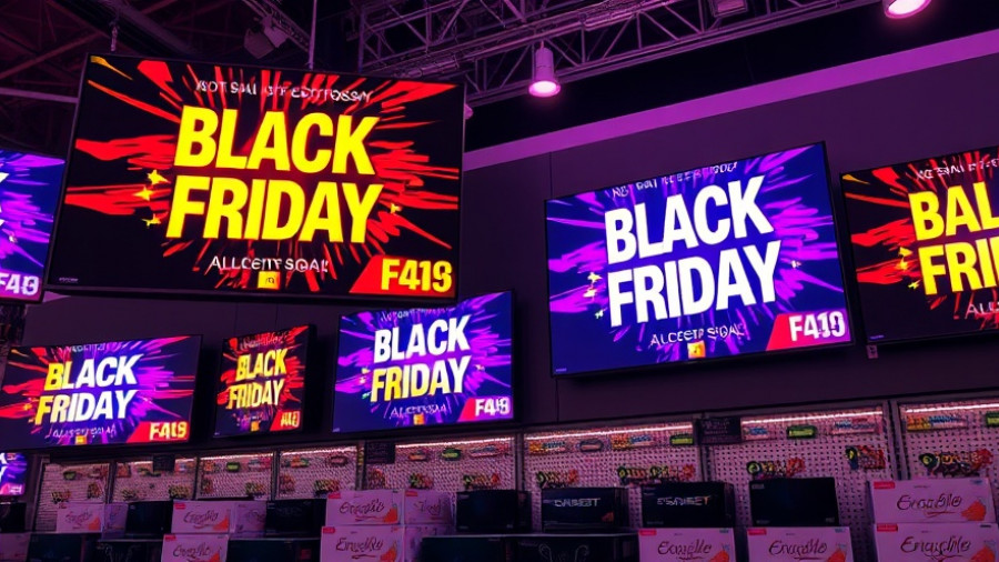 Black Friday sale TVs in electronics store; tariffs impact holiday shopping costs.