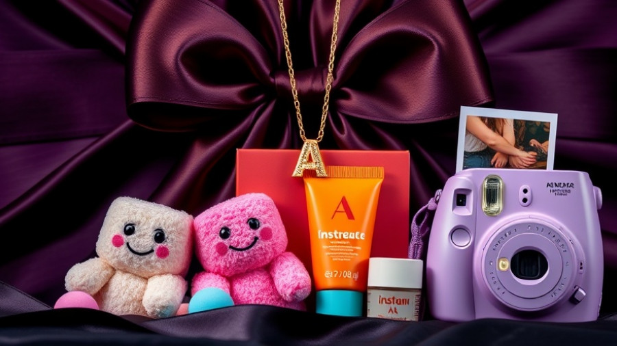Gift Ideas for Tween Girls: plush toys, necklace, moisturizer, camera.