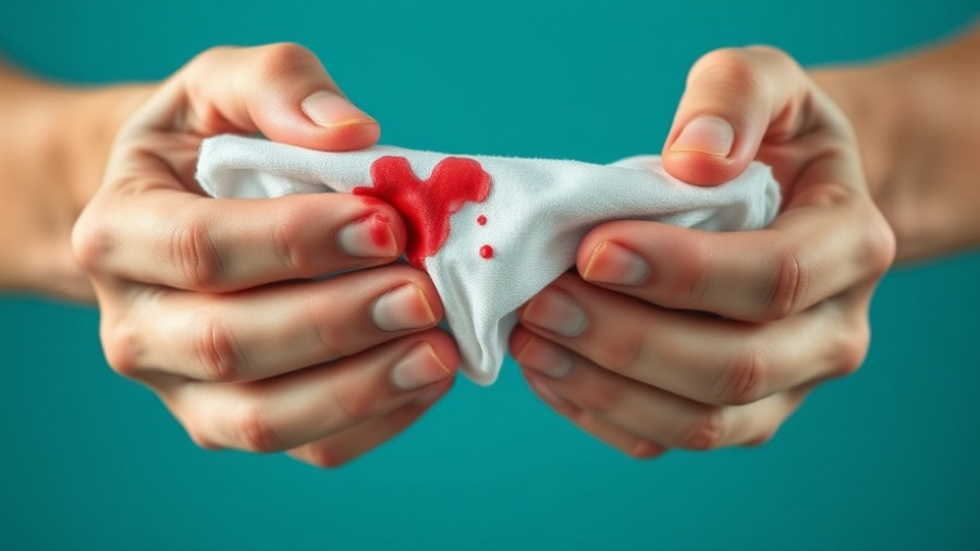 White cloth with blood stains, held by hands, light teal backdrop.