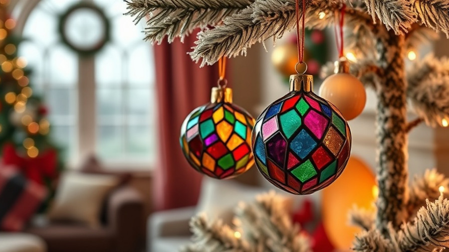 Stained glass ornaments on a frosted Christmas tree, holiday tips for homeowners.