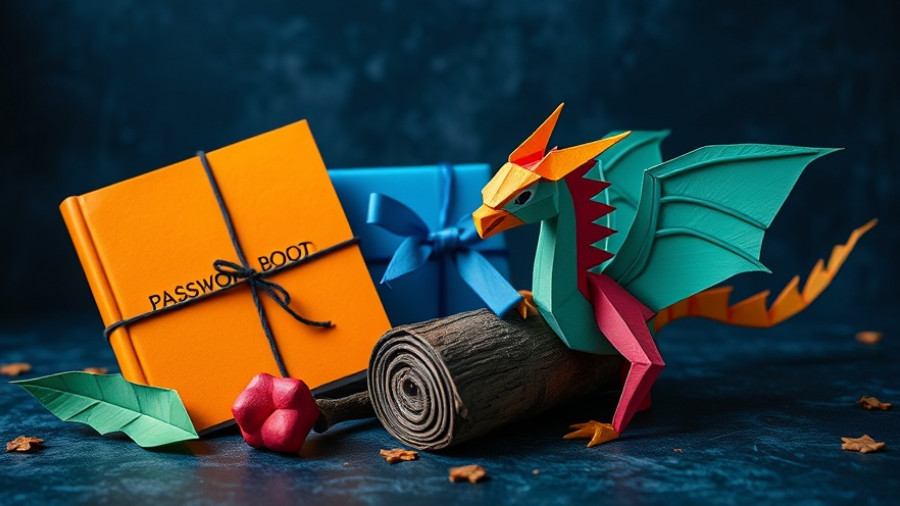 Colorful unique Christmas gifts, with password book, mushroom log, origami dragon.