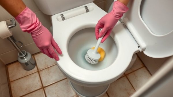 Hands in pink gloves cleaning a toilet with brush and sponge, how to clean and disinfect a toilet.