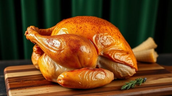 Spice-rubbed turkey being carved on a wooden board with figs in the background.