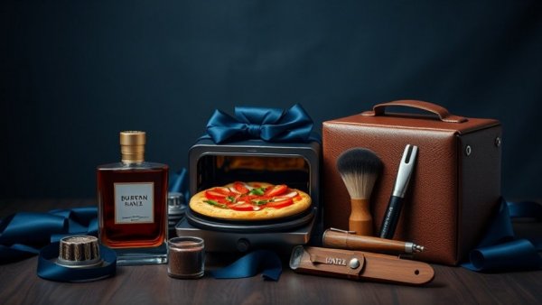 Elegant gifts for men with cologne, pizza oven, and grooming kit.