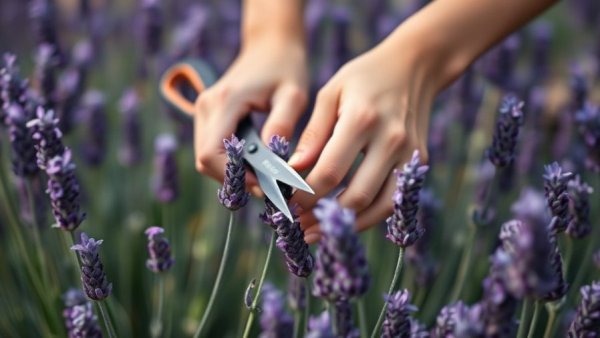 Gardening hands trimming lavender with shears.