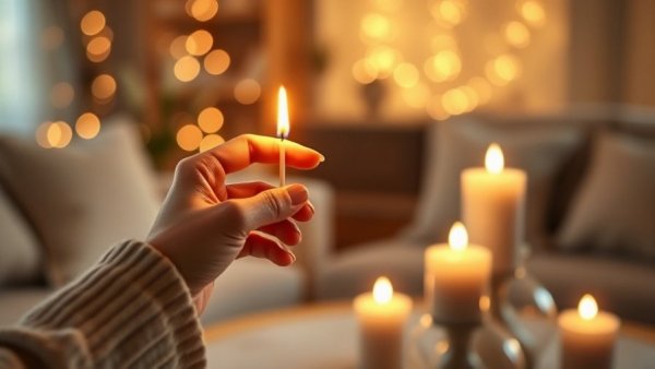Lighting a candle on a wooden tray, cozy setting, bokeh lights.