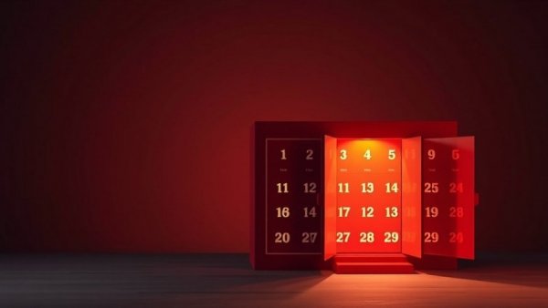 Luxurious advent calendar with open compartments, glowing red hue.