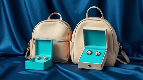 Display of thoughtful gifts for women: backpack, jewelry box, earrings.