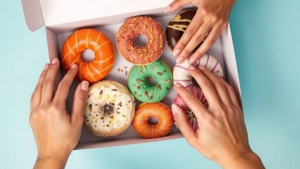 Assorted donuts in a box being picked up, highlighting worst foods for your brain.