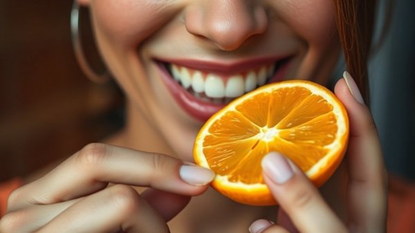 Person enjoying an orange slice, highlighting vitamin C consumption.
