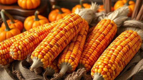 Vibrant Indian corn and pumpkins for easy DIY Thanksgiving decorations.