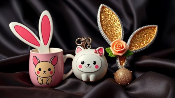 Charming Labubu gifts including a mug, keychain, and decorative ears.