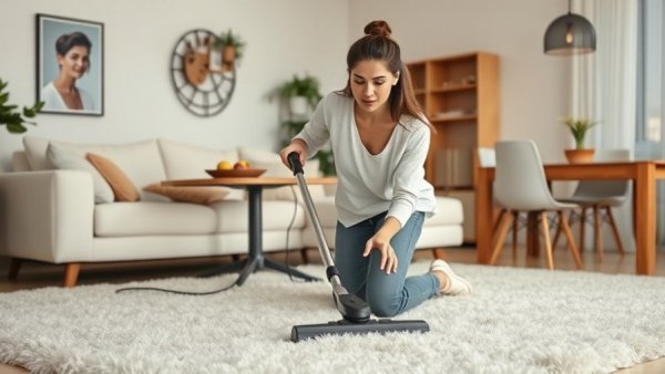 Common vacuuming mistakes: Woman vacuuming fluffy carpet.