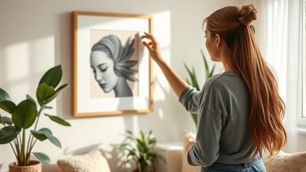 Woman arranging wall art in a light-filled room, highlighting wall art mistakes.