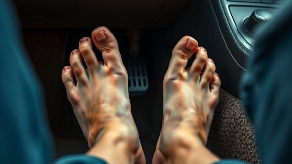 Close-up of bare feet pressing car pedals, illustrating driving barefoot legality.