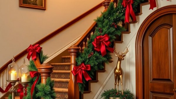 Festive holiday decor with ribbons and greenery on staircase.