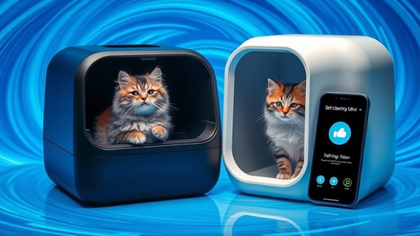 Modern self-cleaning litter boxes with cats on a blue swirl background.
