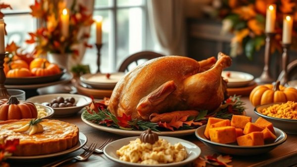 Thanksgiving table with favorite side dishes and turkey, festive decor.