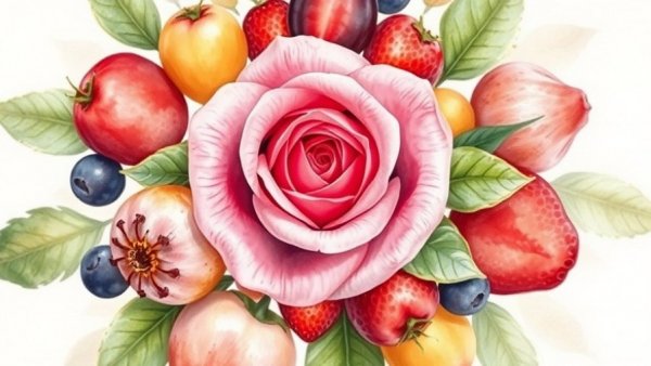 Illustration of fruits related to roses, including strawberries, cherries, blackberries, raspberries, peaches, plums, apricots, pears, and apples.