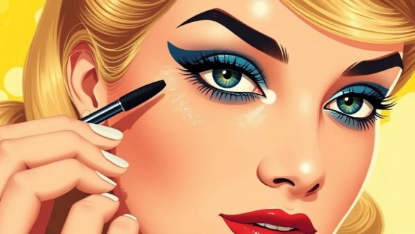 Old-School Beauty Products: Vintage illustration of woman applying mascara.
