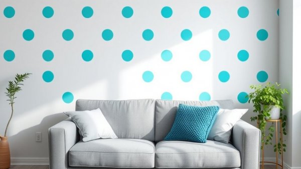 Polka dot home decor trends with lively teal dots and cozy furnishing.