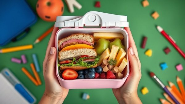 Nutritious school lunchbox with healthy foods on a green background, exploring protein needs for kids.