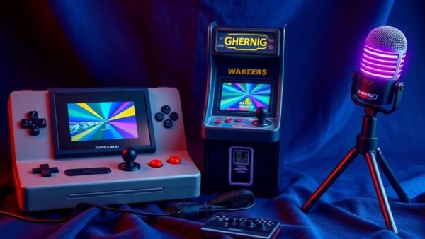 Stylish gaming gadgets for retro gaming, RGB mic, and mini arcade.