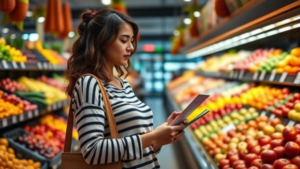 Woman using 54321 grocery shopping method at produce section.