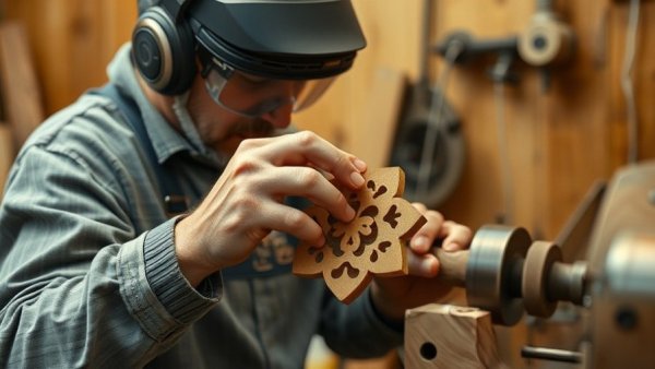 Artisan turning wooden Christmas ornaments on a lathe in workshop.