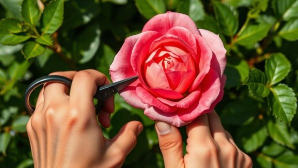Hands pruning roses for more blooms in a garden setting.