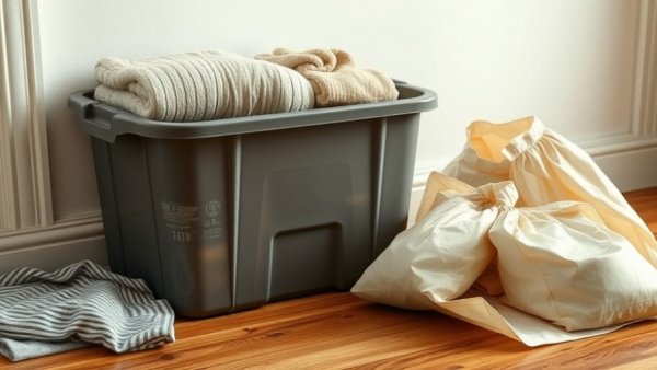 Pre-holiday decluttering with storage bin and reusable bags.