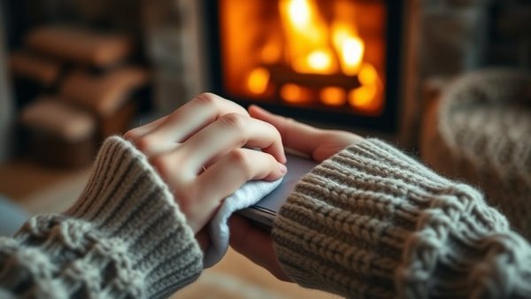 Hands cleaning smartphone screen with cloth, wearing cozy sweater, clean your phone the right way.