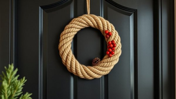 DIY rope wreath with berries and pine cones on a black door.