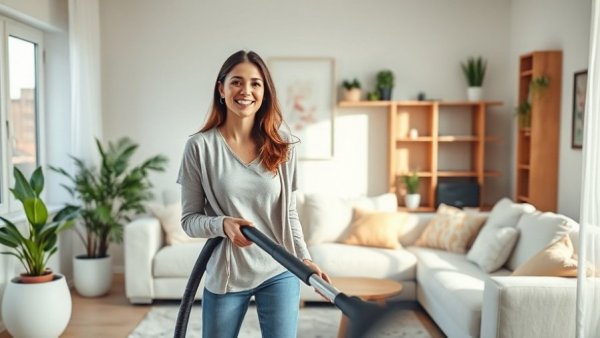 Zone Zero exercise benefits: woman joyfully vacuuming living room.
