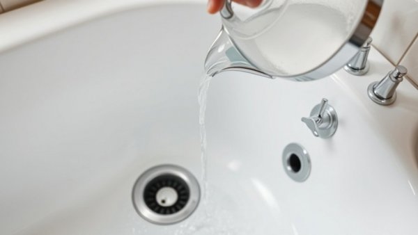 Pouring hot water into a clean bathtub drain from a kettle.
