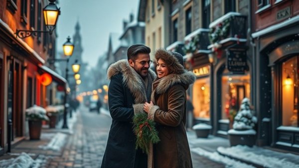 Quaint Christmas street scene with festive couple, Kids Christmas Movies on Netflix