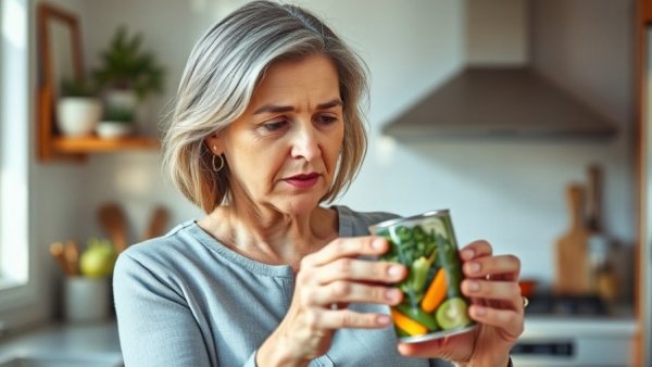 Middle-aged woman examining canned vegetables in modern kitchen.