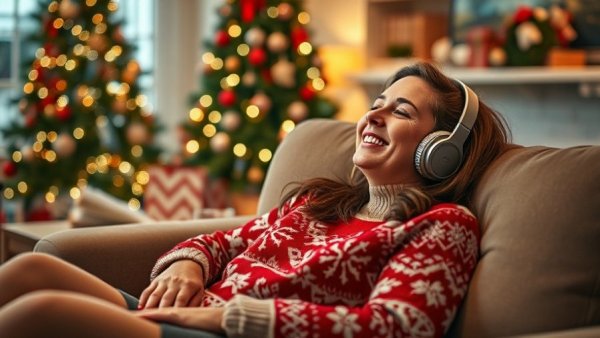 Young woman enjoying modern Christmas songs in festive setting.