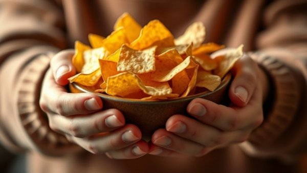 Hands holding tortilla chips in a cozy setting, warm lighting.