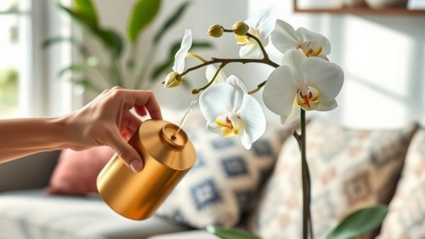 Orchid plant being watered in a cozy room setting.