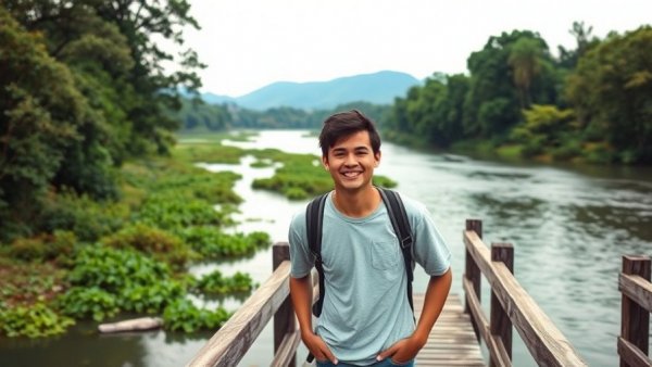 Father and teenage boy smiling on bridge over river, serene moment.