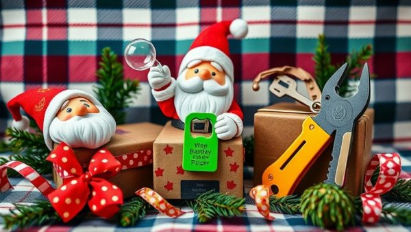 Quirky Yankee Swap gifts under $25 on plaid background.