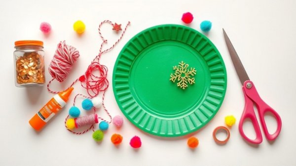 Paper Plate Christmas Tree Craft supplies on a bright surface.