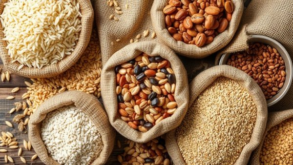 International superfoods in burlap sacks, rich grains and seeds.