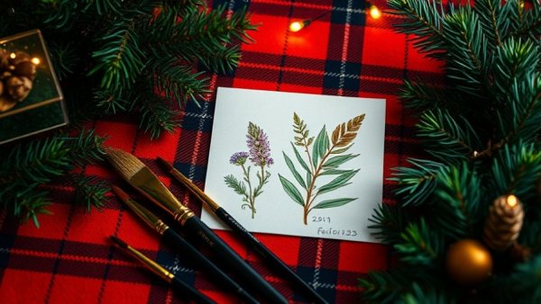 Creative gifts for artists setup with botanical art on tartan.