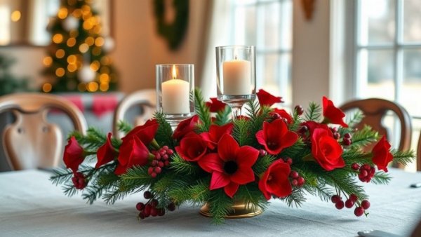 Elegant Christmas centerpiece with red flowers and pine on table.
